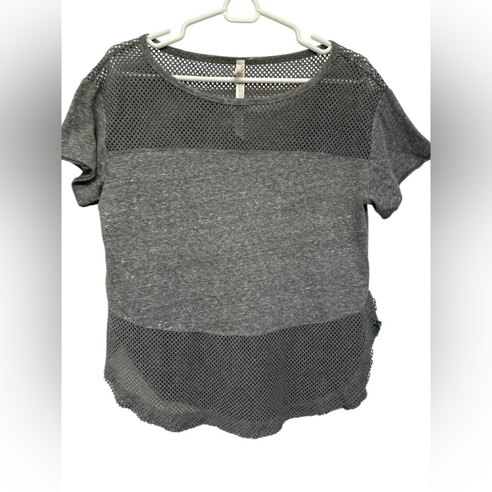Free People Movement gray short sleeve partial mesh tee shirt